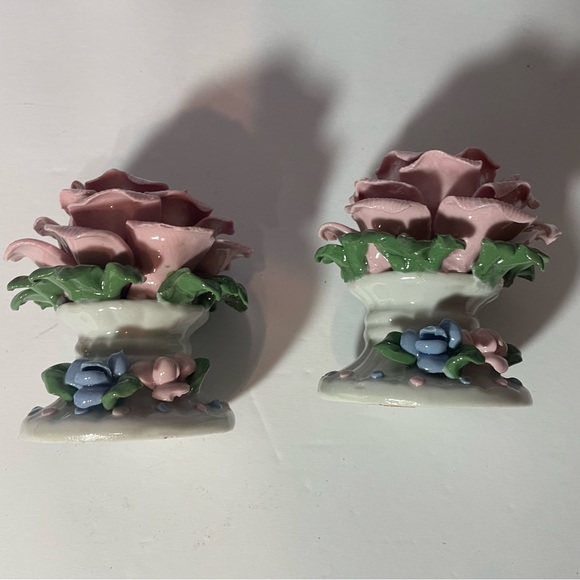 Vintage Set 1970’s Bisque Porcelain Handcrafted Rose Candle Holders on Pedestals - Picture 12 of 13
